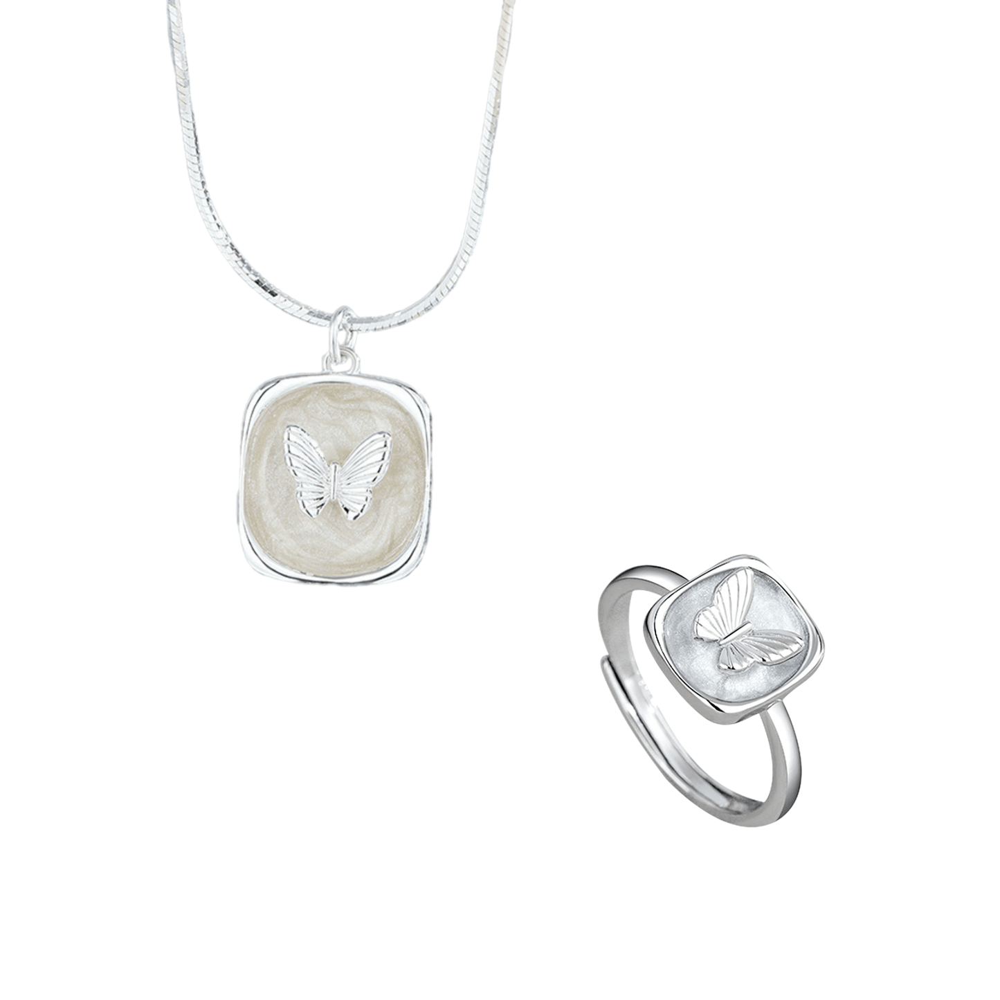“Butterveil Dream” S925 Sterling Silver Butterfly Relief Jewelry Set (Necklace & Adjustable Ring)