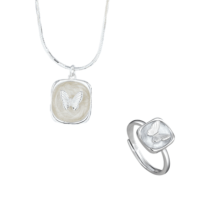 “Butterveil Dream” S925 Sterling Silver Butterfly Relief Jewelry Set (Necklace & Adjustable Ring)