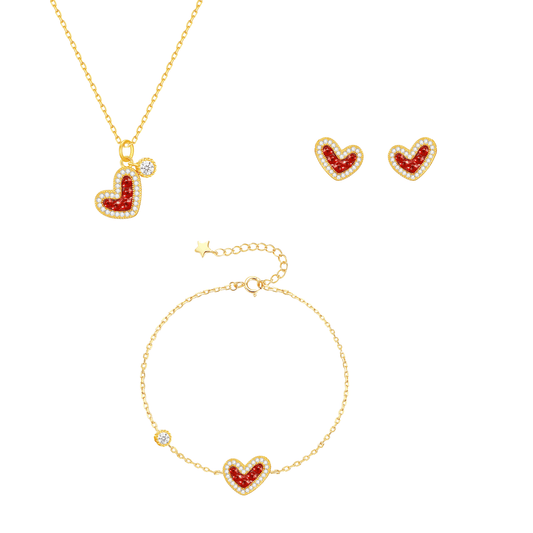“Berry Palmier” S925 Sterling Silver Ruby-Red Heart Jewelry Set