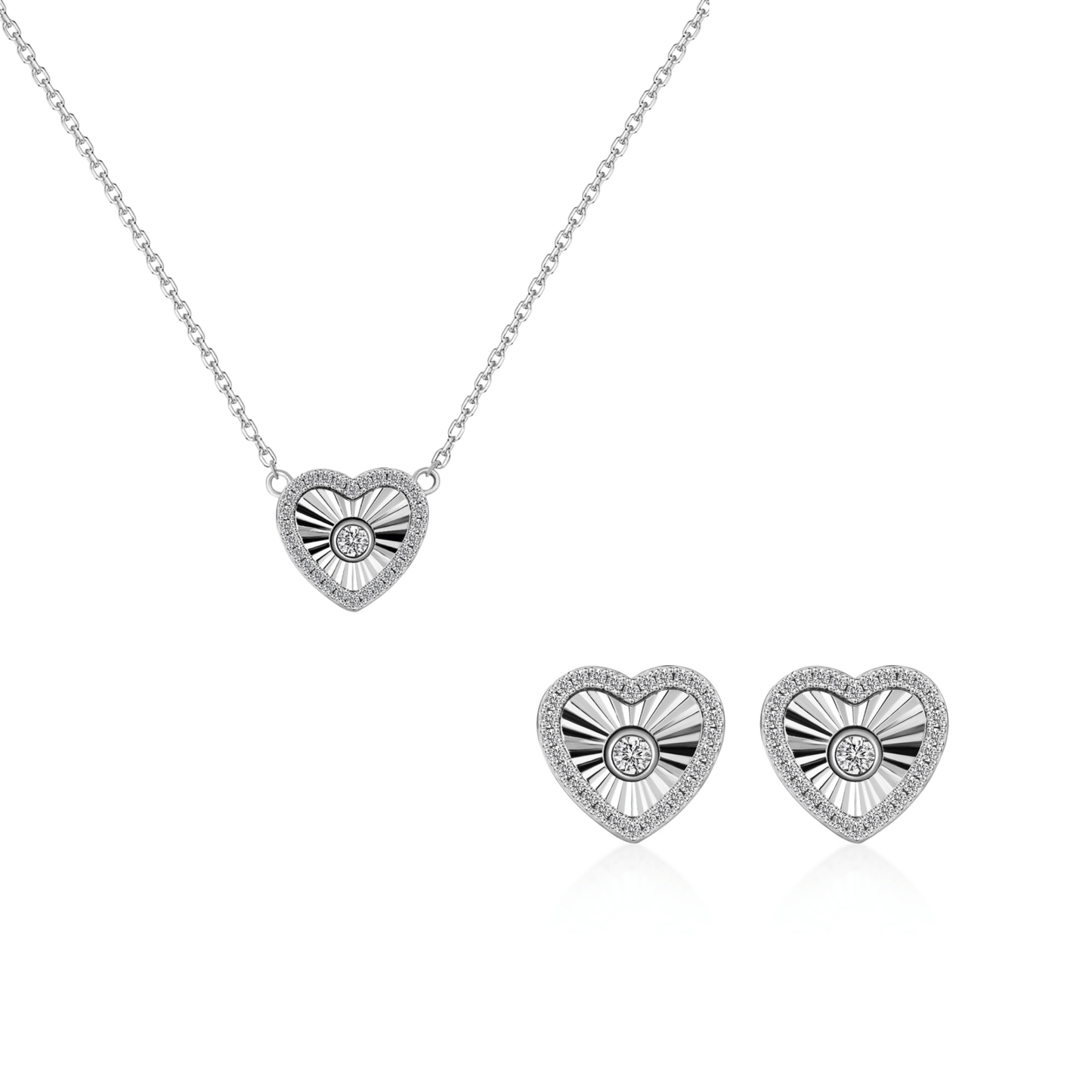 “Radiant Heart” S925 Sterling Silver Heart Jewelry Set (Necklace & Stud Earrings)