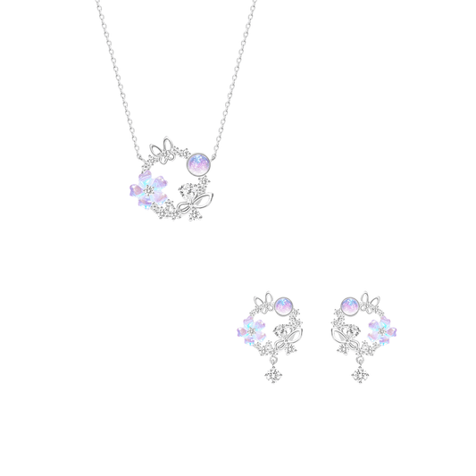 “Sakura Wreath” S925 Sterling Silver Dream Blossom Jewelry Set (Necklace & Earrings)