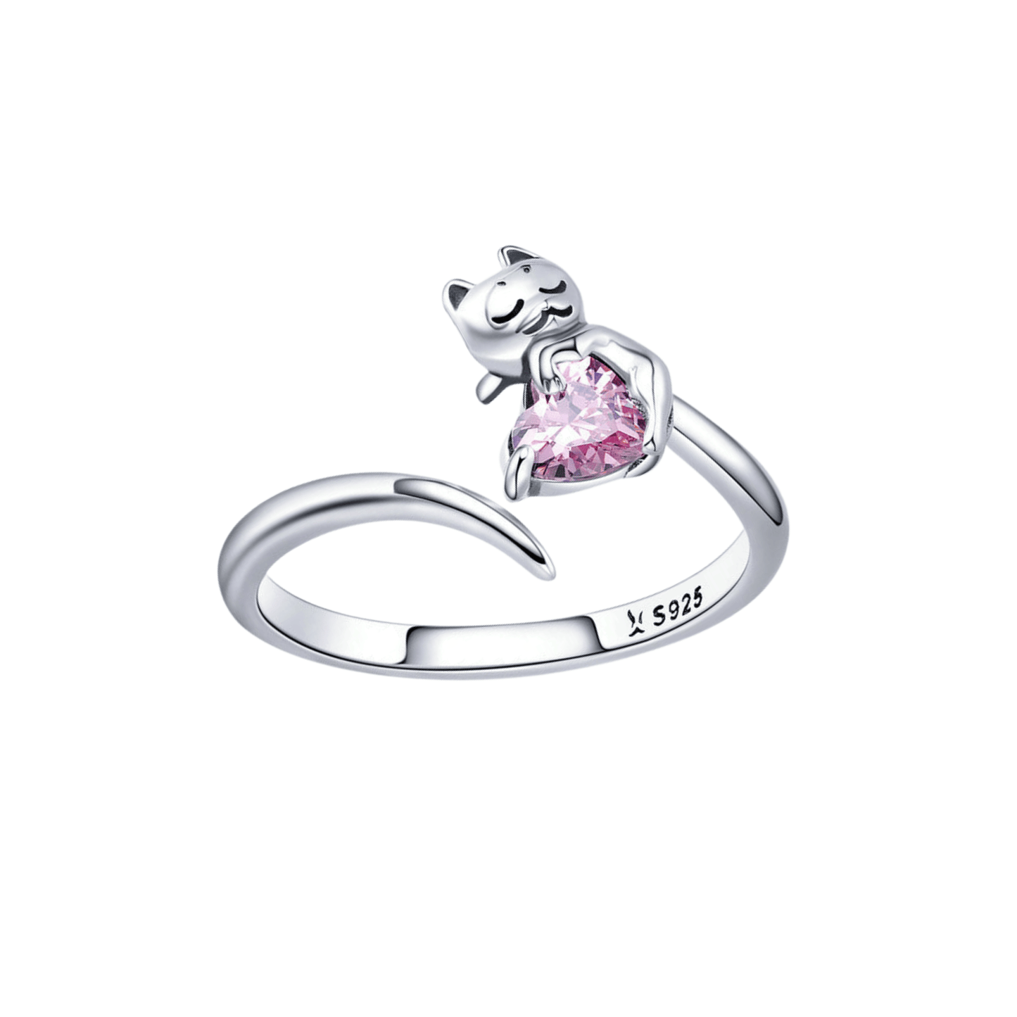 “Blush Kitty” S925 Sterling Silver Pink Heart Cat Open Adjustable Ring