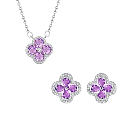 “Amethyst Clover” S925 Sterling Silver Natural Amethyst Clover Jewelry Set (Necklace & Earrings)