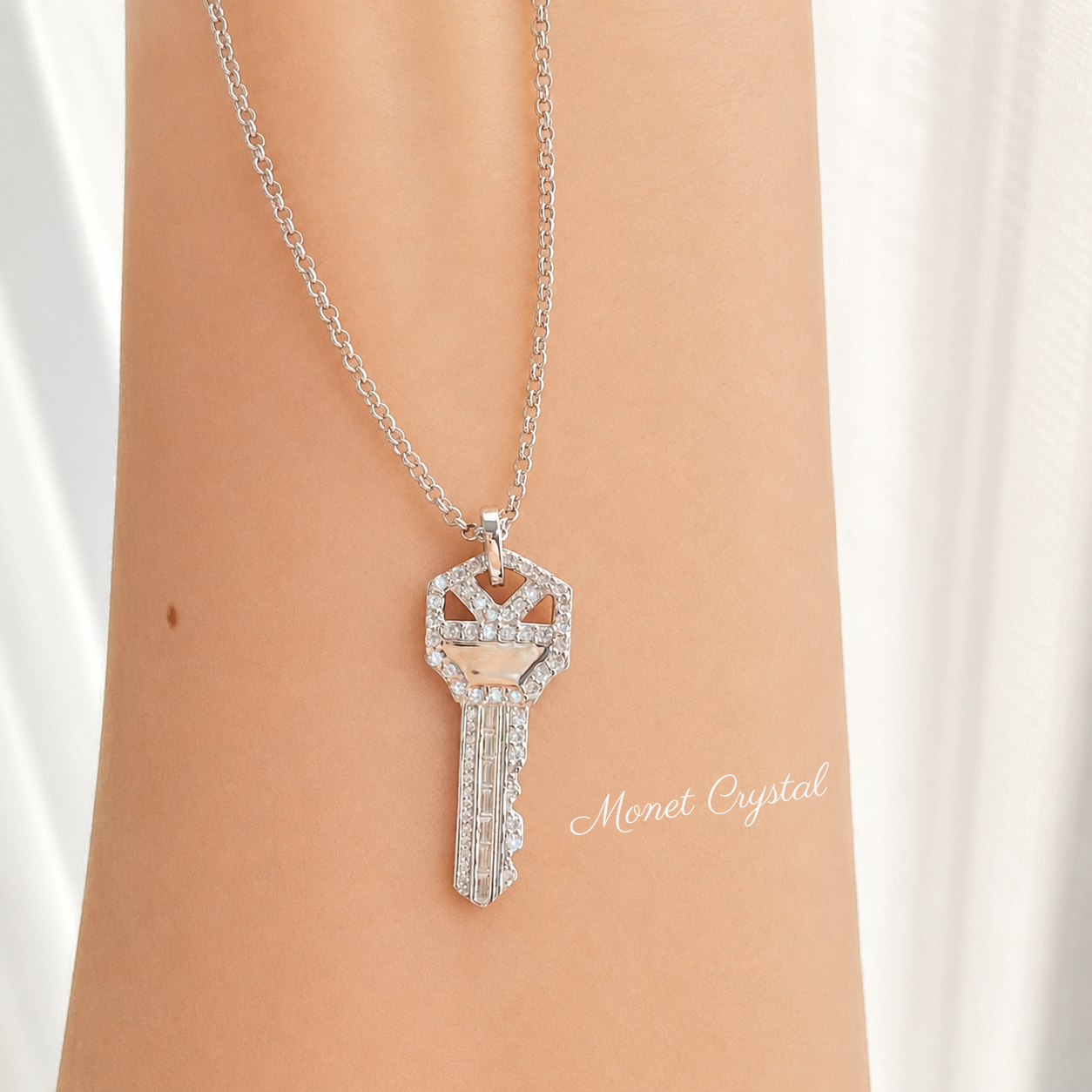 “Key of Power” 925 Sterling Silver Pavé Key Pendant Necklace