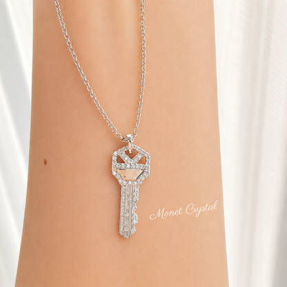 “Key of Power” 925 Sterling Silver Pavé Key Pendant Necklace