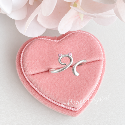 “Kitten Curl” S925 Sterling Silver Pink Enamel Cat Adjustable Ring
