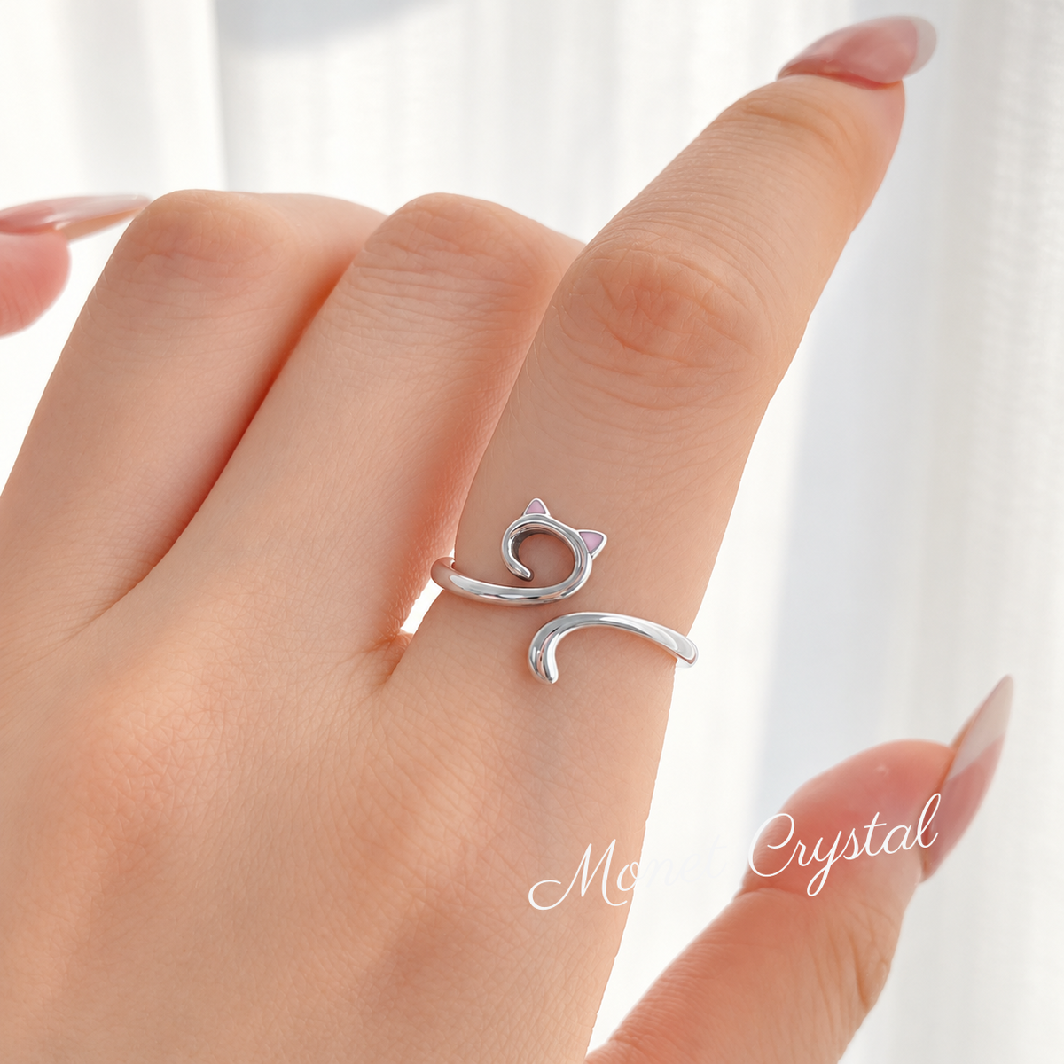 “Kitten Curl” S925 Sterling Silver Pink Enamel Cat Adjustable Ring