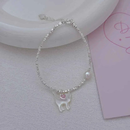 "Kitty Love" 925 Sterling Silver Bracelet with Natural Pearl - Playful and Elegant