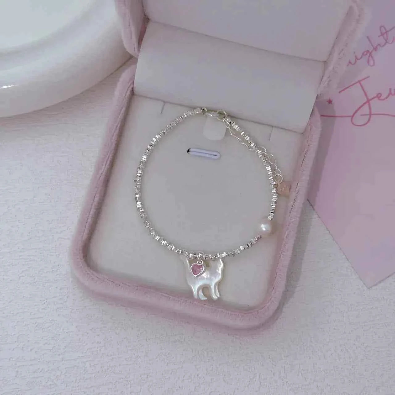 "Kitty Love" 925 Sterling Silver Bracelet with Natural Pearl - Playful and Elegant