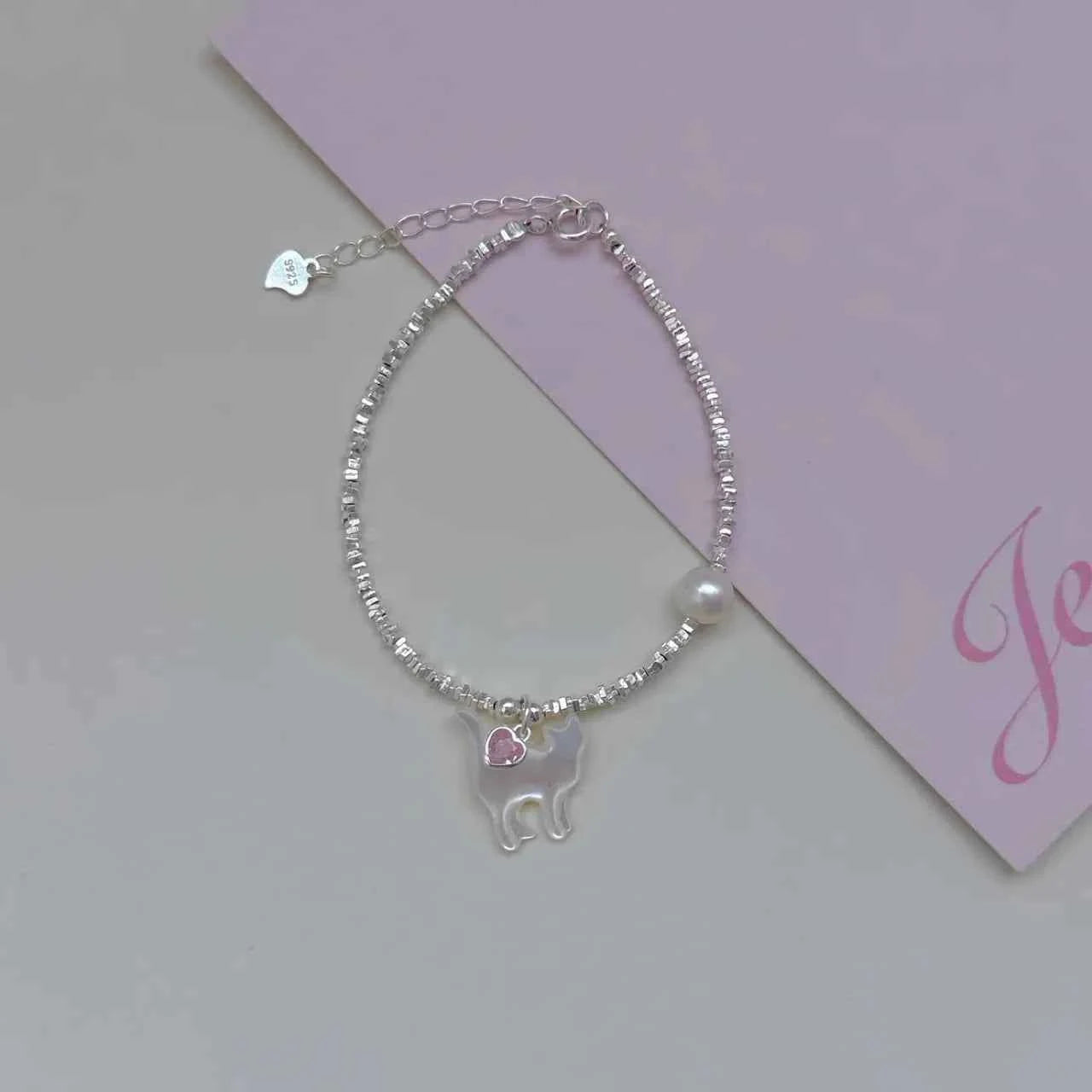 "Kitty Love" 925 Sterling Silver Bracelet with Natural Pearl - Playful and Elegant