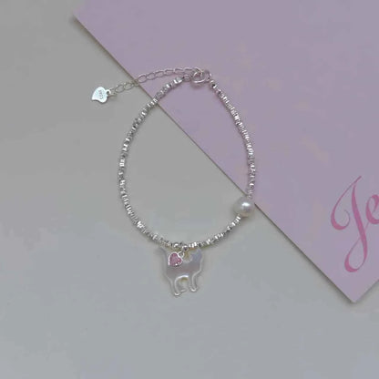 "Kitty Love" 925 Sterling Silver Bracelet with Natural Pearl - Playful and Elegant