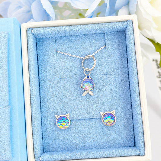 “Kitty & Fish” S925 Sterling Silver Fish Scale Resin Cat Earrings & Fish Necklace Set