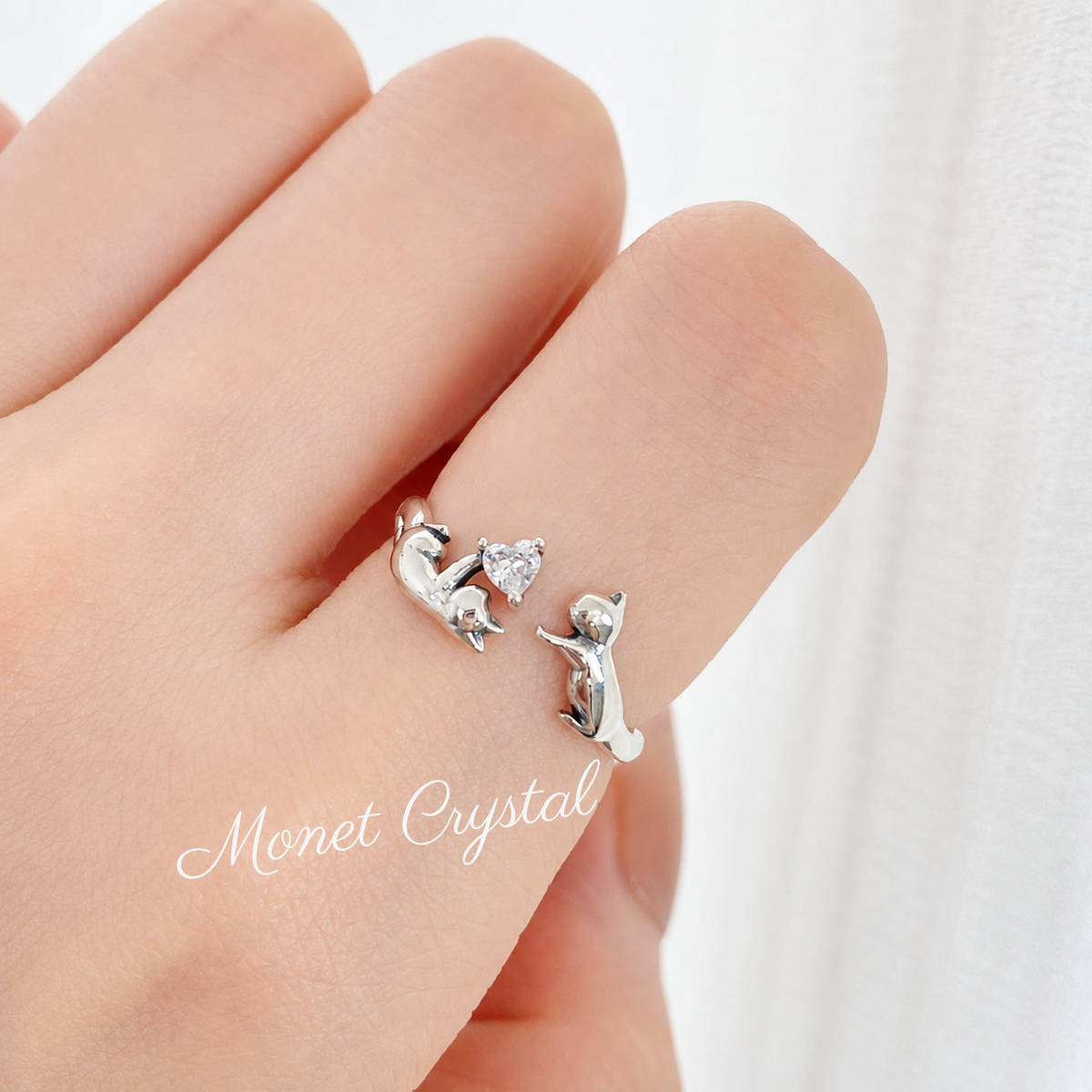 “Kitty’s Treasure” S925 Sterling Silver Heart Stone Cat Open Adjustable Ring