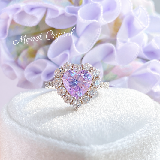 “Lavender Crown” 925 Sterling Silver Heart Halo High Carbon Diamond Ring
