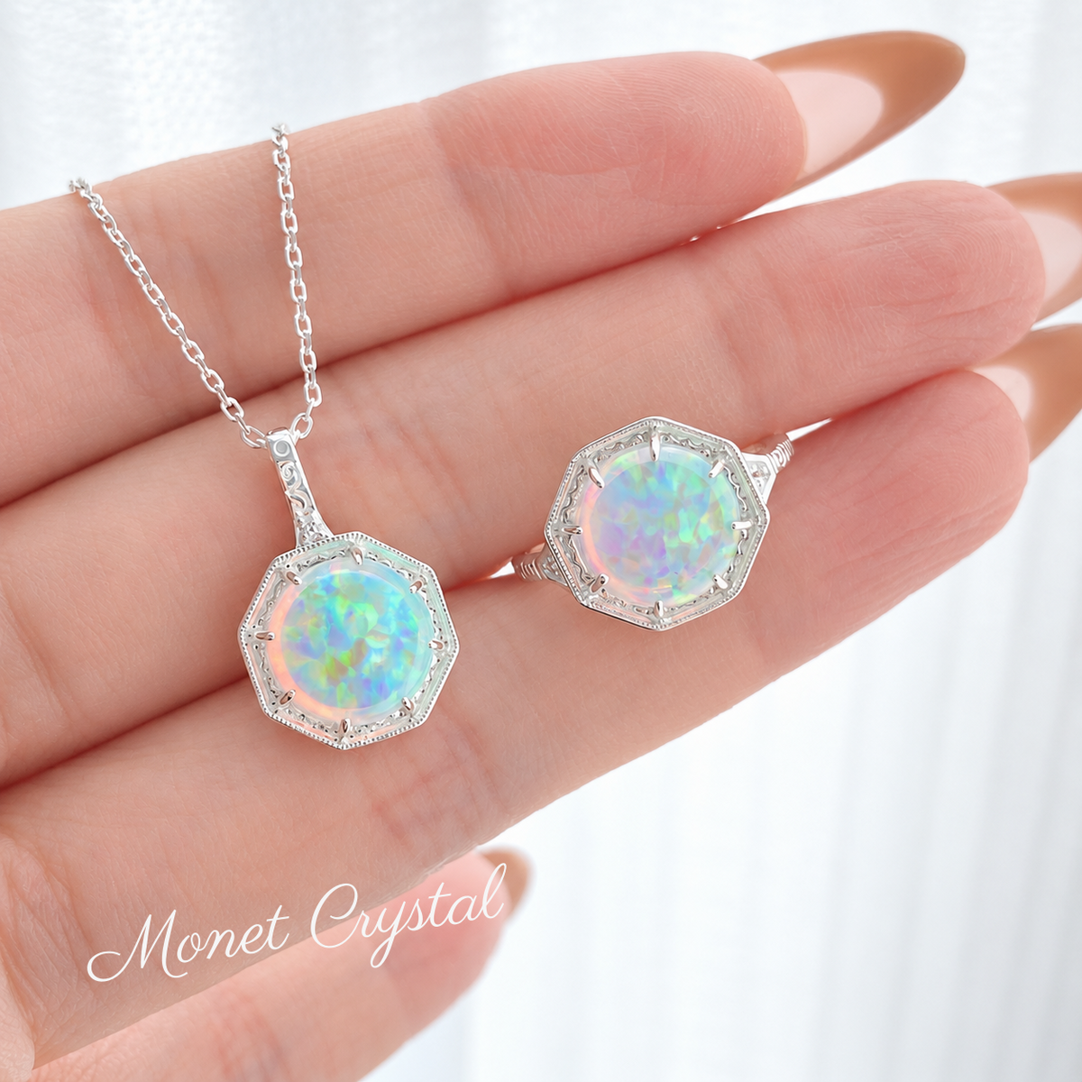 “Light Catcher” S925 Sterling Silver Opal Ring & Necklace Set