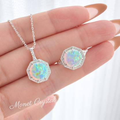 “Light Catcher” S925 Sterling Silver Opal Ring & Necklace Set