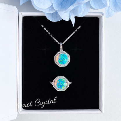 “Light Catcher” S925 Sterling Silver Opal Ring & Necklace Set