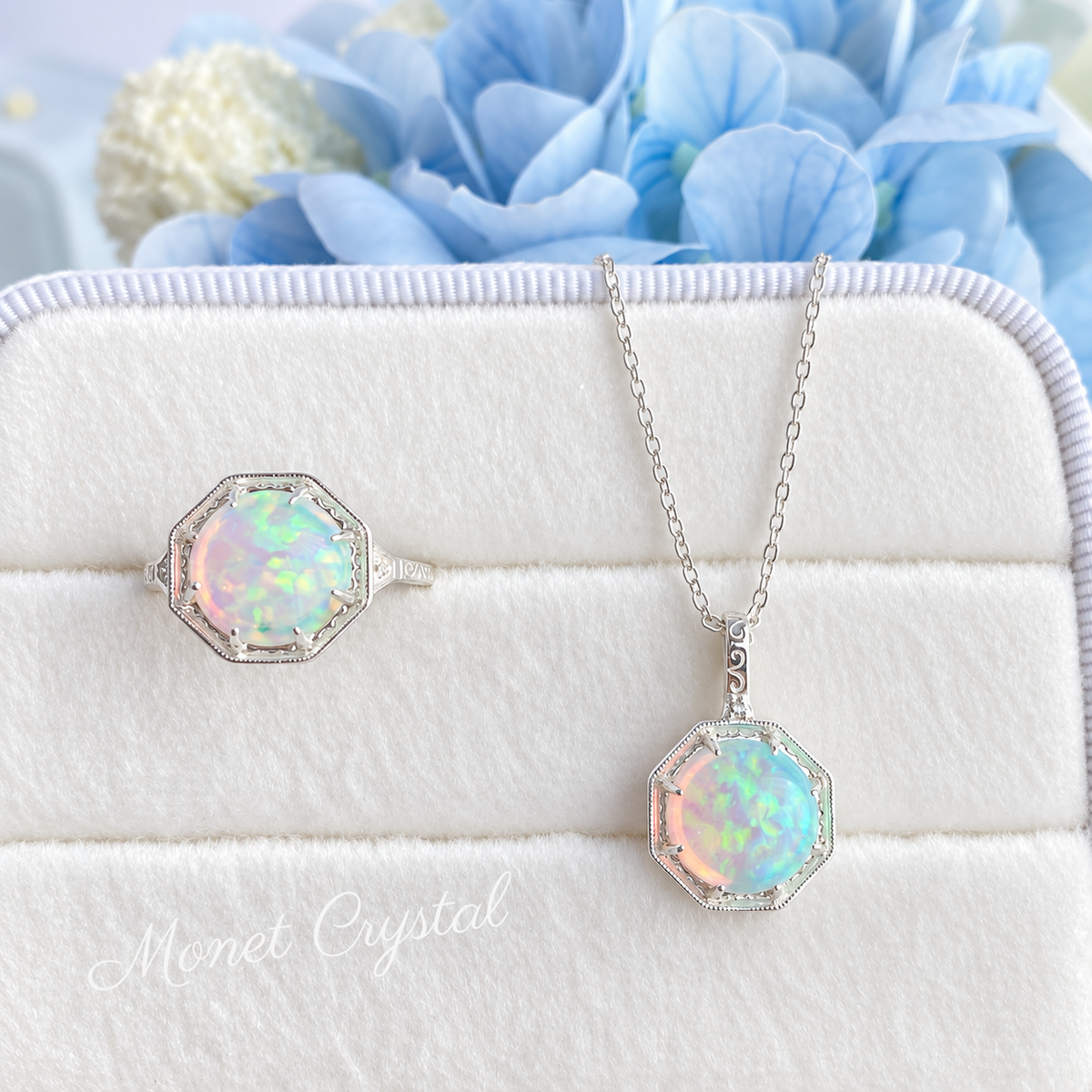 “Light Catcher” S925 Sterling Silver Opal Ring & Necklace Set