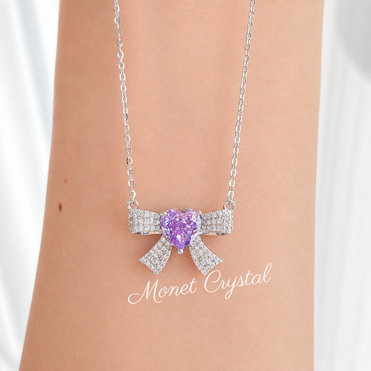 “Lilac Bow Éclat” S925 Sterling Silver Ice-Cut Heart Bow Necklace