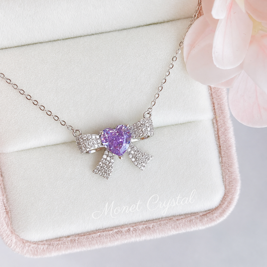 “Lilac Bow Éclat” S925 Sterling Silver Ice-Cut Heart Bow Necklace
