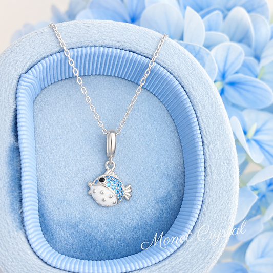 “Little Puffer” S925 Sterling Silver Blue Zircon Pufferfish Necklace