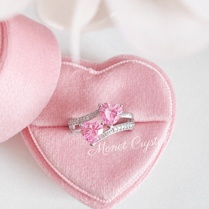 “Love Duet” S925 Sterling Silver Double Pink Heart Zircon Ring