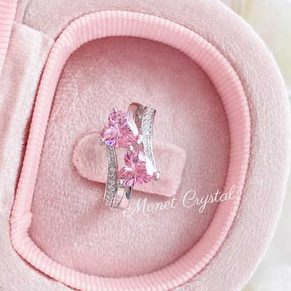 “Love Duet” S925 Sterling Silver Double Pink Heart Zircon Ring