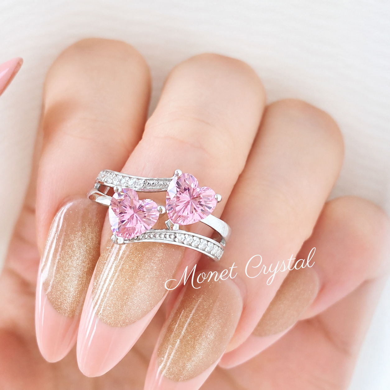 “Love Duet” S925 Sterling Silver Double Pink Heart Zircon Ring