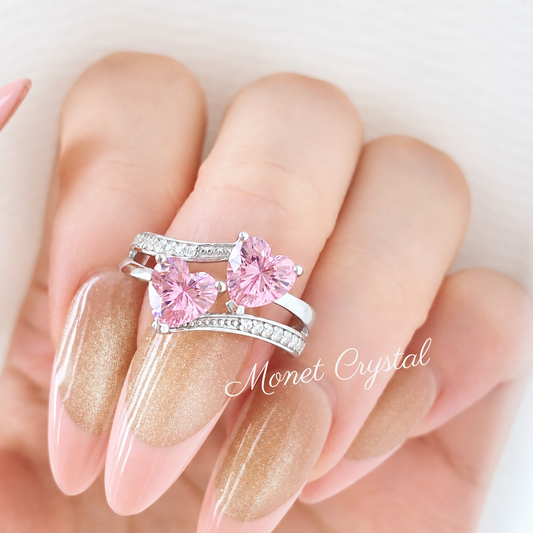 “Love Duet” S925 Sterling Silver Double Pink Heart Zircon Ring