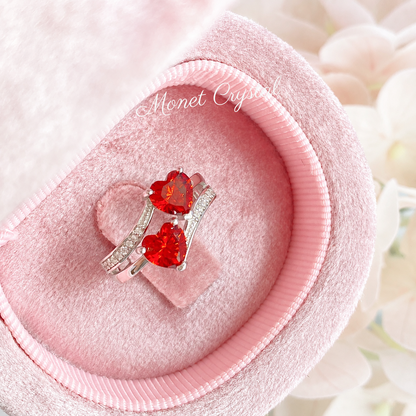 “Love Duet” S925 Sterling Silver Double Red Heart Zircon Ring