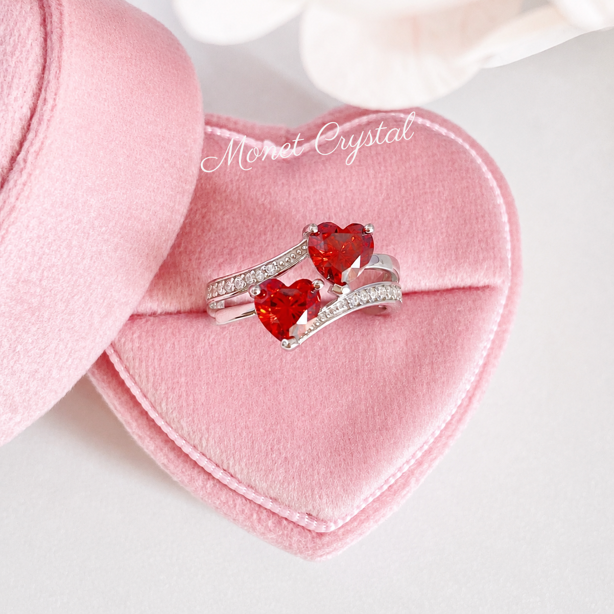 “Love Duet” S925 Sterling Silver Double Red Heart Zircon Ring