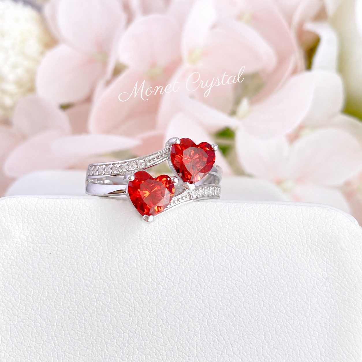“Love Duet” S925 Sterling Silver Double Red Heart Zircon Ring