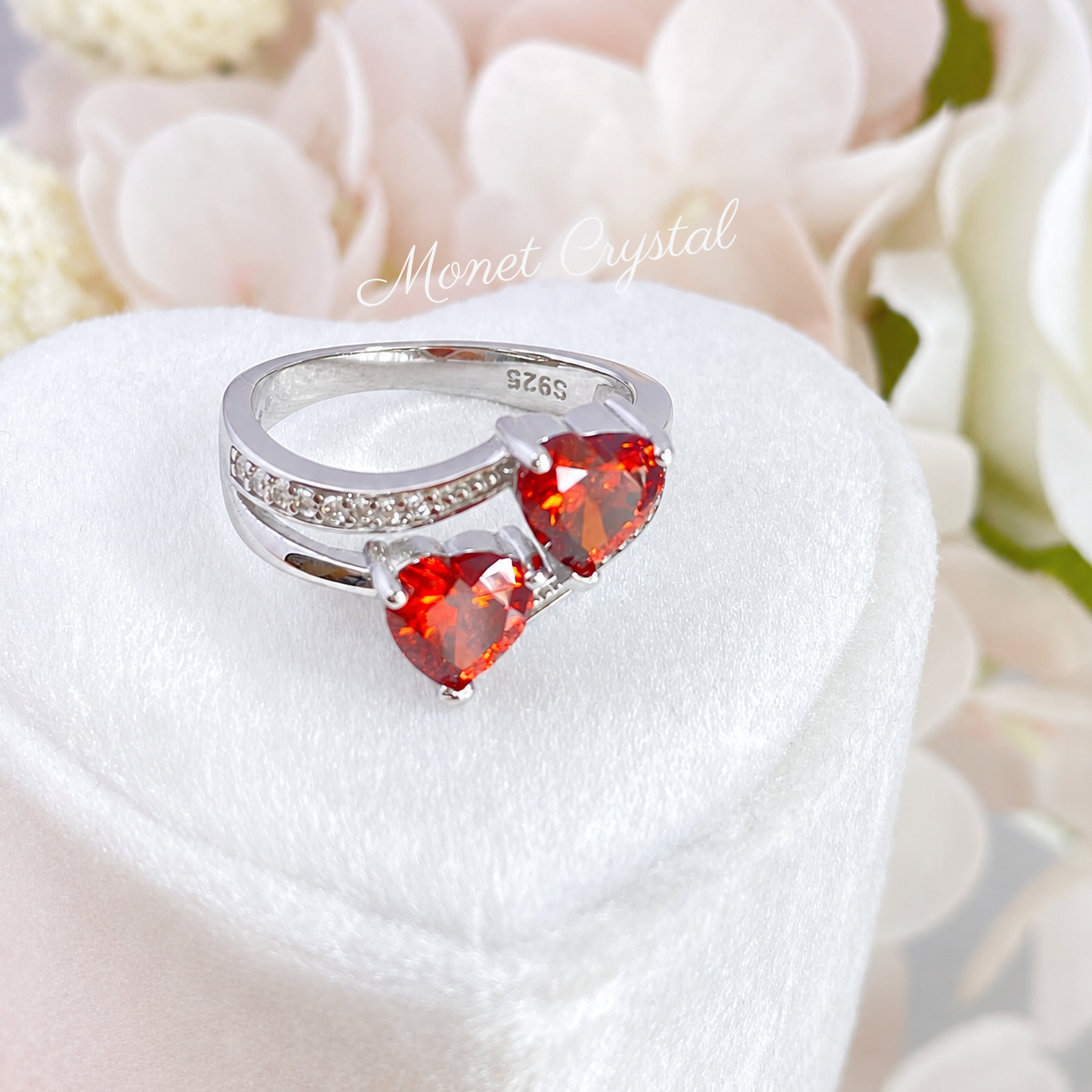 “Love Duet” S925 Sterling Silver Double Red Heart Zircon Ring