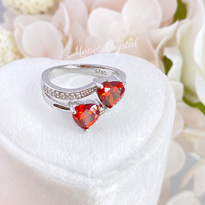 “Love Duet” S925 Sterling Silver Double Red Heart Zircon Ring