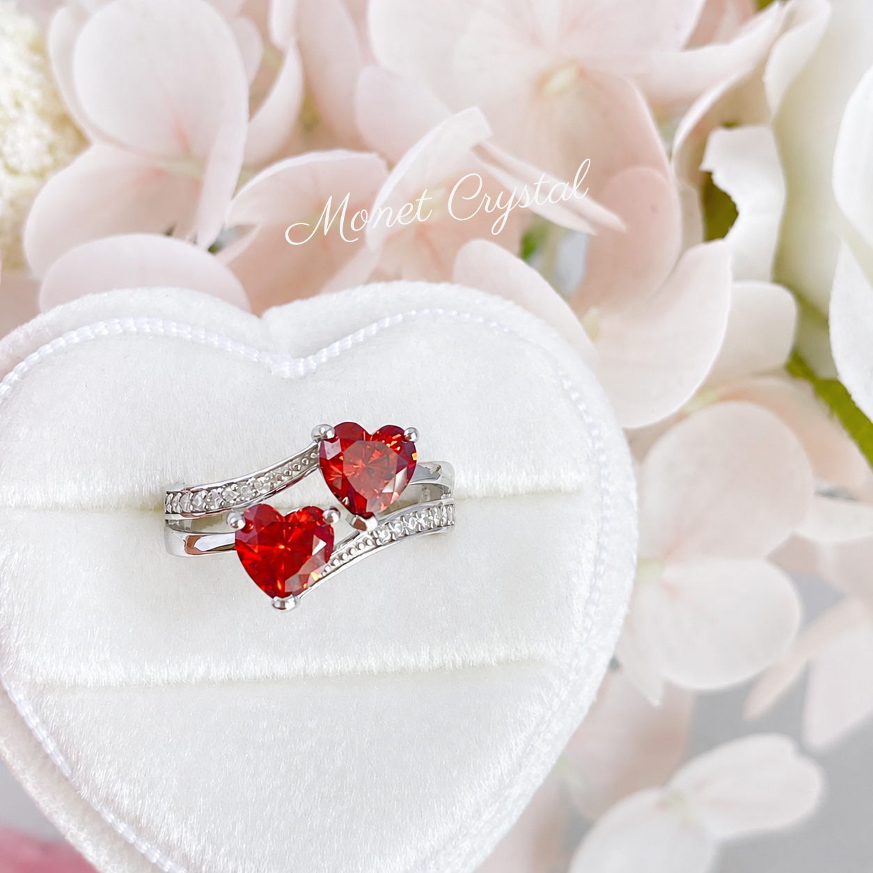 “Love Duet” S925 Sterling Silver Double Red Heart Zircon Ring