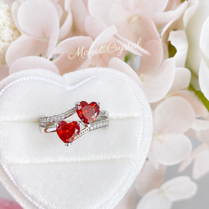 “Love Duet” S925 Sterling Silver Double Red Heart Zircon Ring