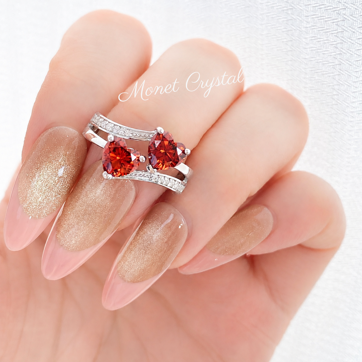 “Love Duet” S925 Sterling Silver Double Red Heart Zircon Ring