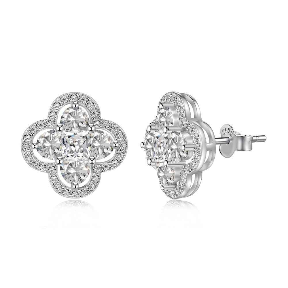 "Lucky Clover" – S925 Silver Four-Leaf Clover Necklace & Stud Earrings Set in White or Pink CZ (Copy)