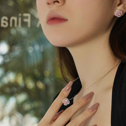 "Lucky Clover" – S925 Silver Four-Leaf Clover Necklace & Stud Earrings Set in White or Pink CZ (Copy)