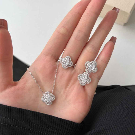 "Lucky Clover" – S925 Silver Four-Leaf Clover Necklace & Stud Earrings Set in White or Pink CZ (Copy)
