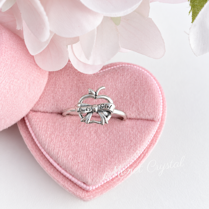 “Lucky Girl” S925 Sterling Silver Apple Bow Adjustable Ring