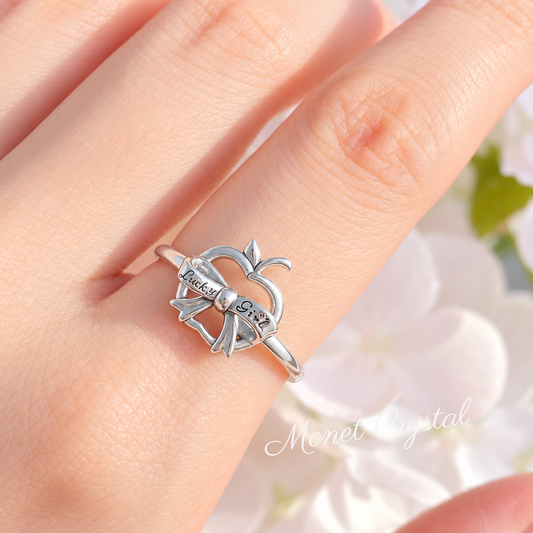 “Lucky Girl” S925 Sterling Silver Apple Bow Adjustable Ring
