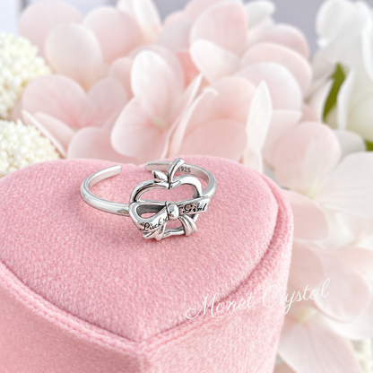 “Lucky Girl” S925 Sterling Silver Apple Bow Adjustable Ring