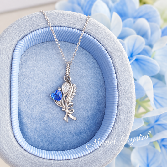 “March Daffodils” S925 Sterling Silver Blue Zircon Daffodil Necklace