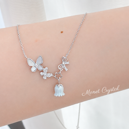 “May Morning” S925 Sterling Silver Mother-of-Pearl Butterfly & Lily of the Valley Necklace