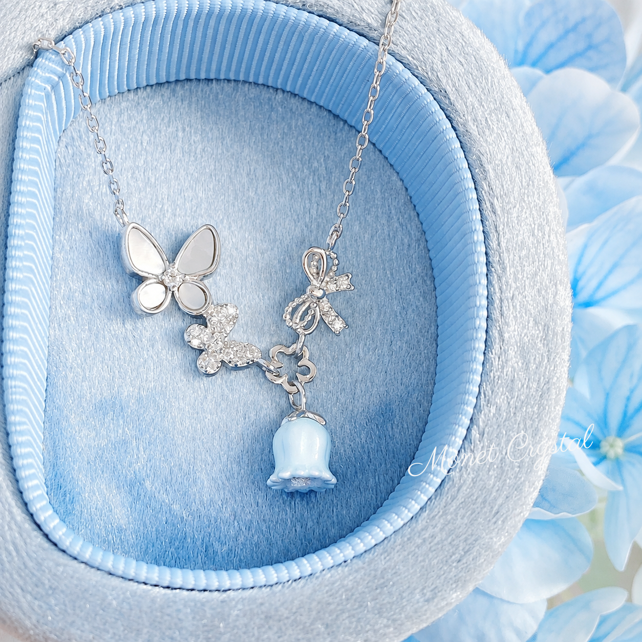 “May Morning” S925 Sterling Silver Mother-of-Pearl Butterfly & Lily of the Valley Necklace
