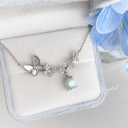 “May Morning” S925 Sterling Silver Mother-of-Pearl Butterfly & Lily of the Valley Necklace