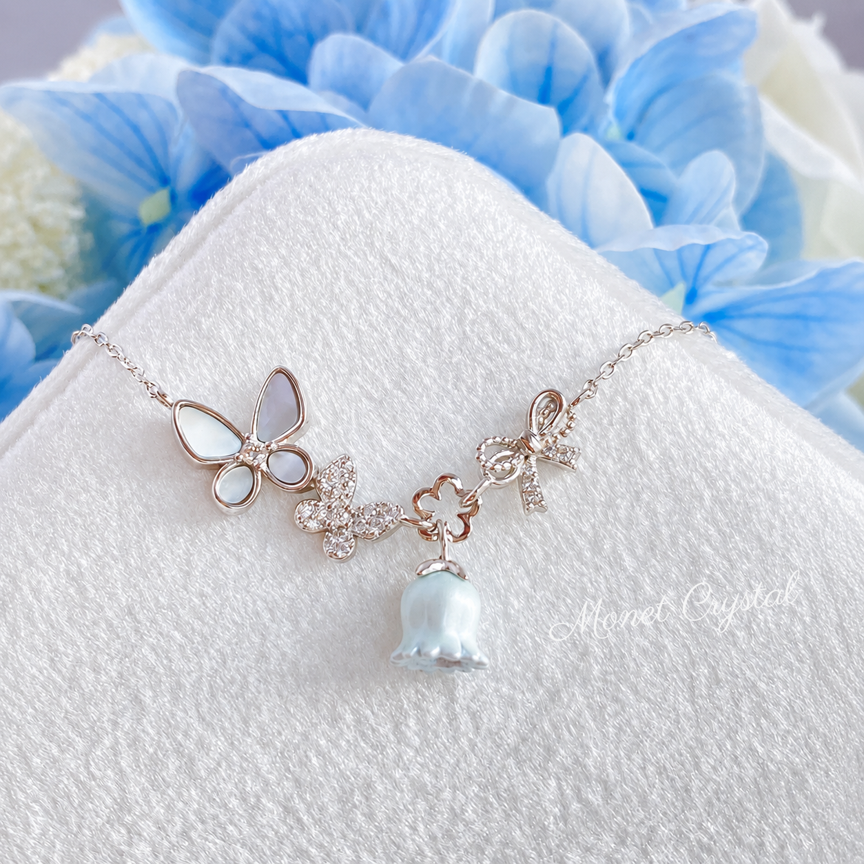 “May Morning” S925 Sterling Silver Mother-of-Pearl Butterfly & Lily of the Valley Necklace