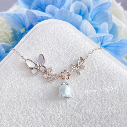 “May Morning” S925 Sterling Silver Mother-of-Pearl Butterfly & Lily of the Valley Necklace