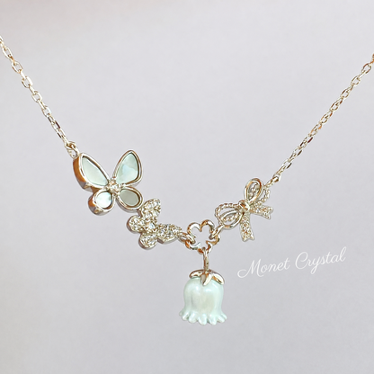 “May Morning” S925 Sterling Silver Mother-of-Pearl Butterfly & Lily of the Valley Necklace